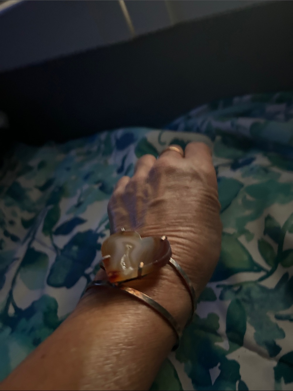 Silver Tone Cuff Bracelet with Brown Heart Agate Accent